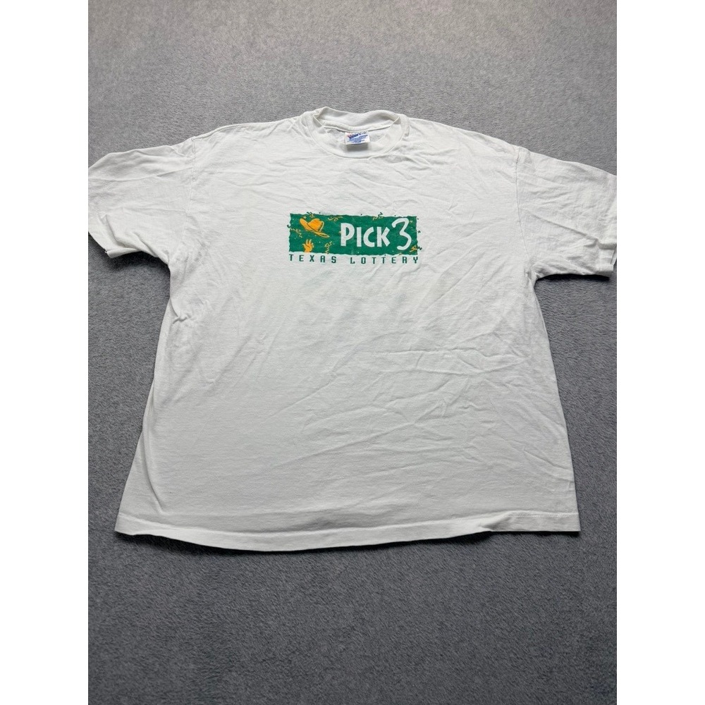 Vintage Hanes Beefy-T Texas Lottery Pick 3 Graphic T-Shirt White XL Made in USA